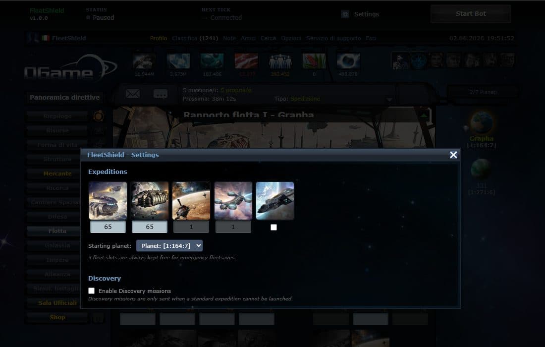 Fleet Shield expeditions and discovery missions configuration in OGame